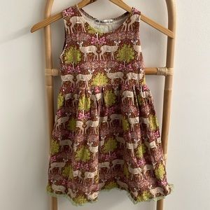 European girls sleevless dress brown pink green deer nature pattern size 4-5